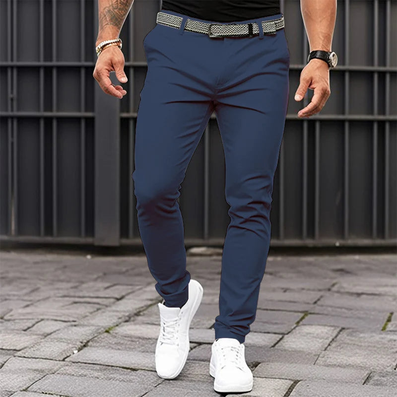 Men's Smart Jogger-Cut Trousers with Flat Front and Stretch - Navy