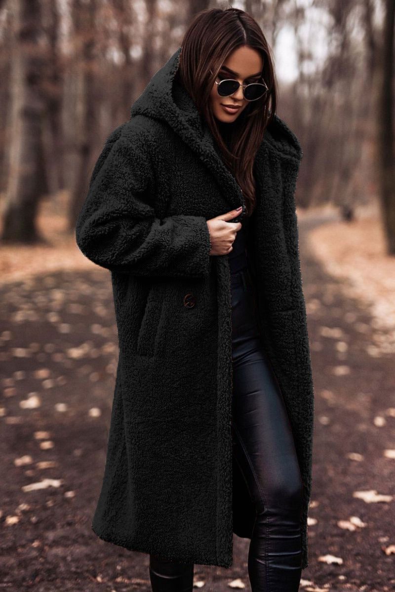 Women's Oversized Below-Knee Teddy Coat with Woolly Texture - Black