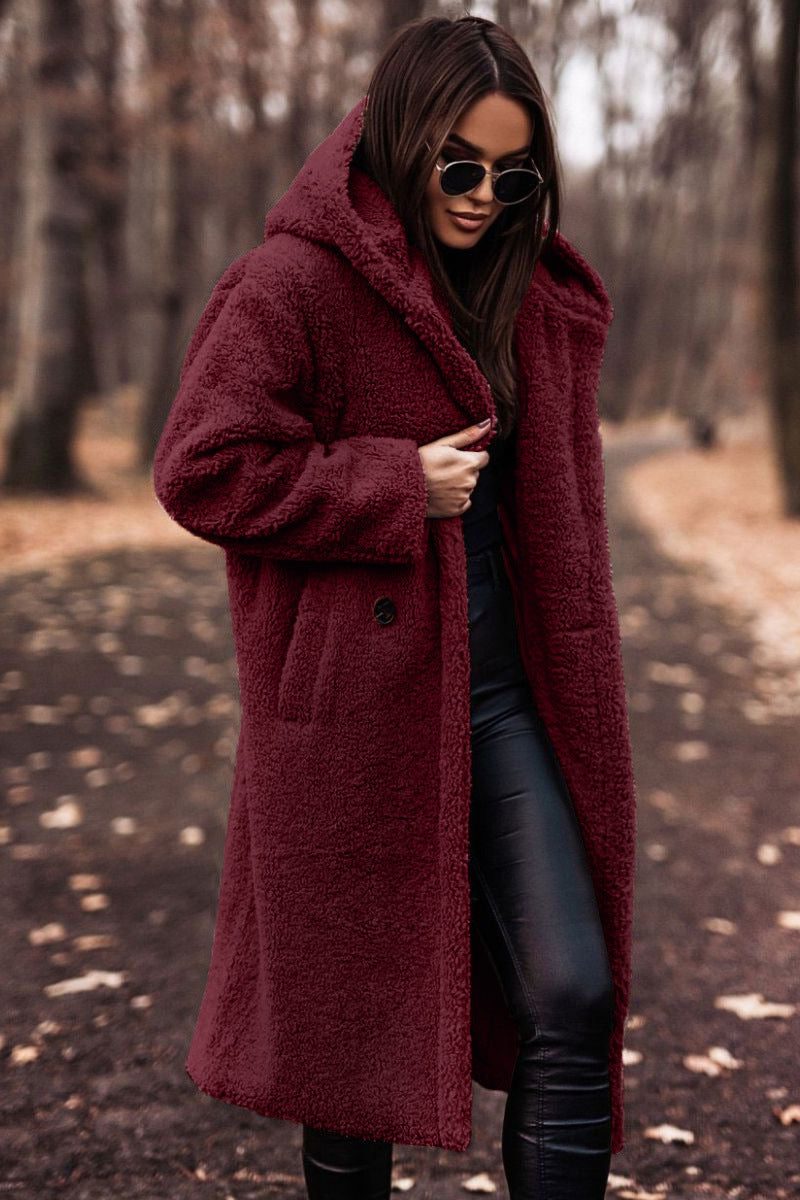 Women's Oversized Below-Knee Teddy Coat with Woolly Texture - Red