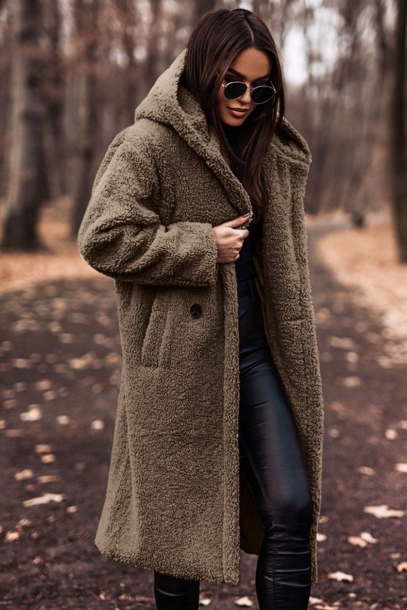 Women's Oversized Below-Knee Teddy Coat with Woolly Texture - Khaki