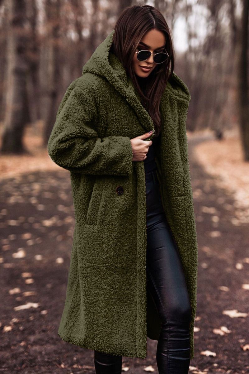 Women's Oversized Below-Knee Teddy Coat with Woolly Texture - Dark Green