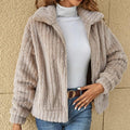 Women's Soft Plush Fleece Layering Jacket with Broad Collar - Beige