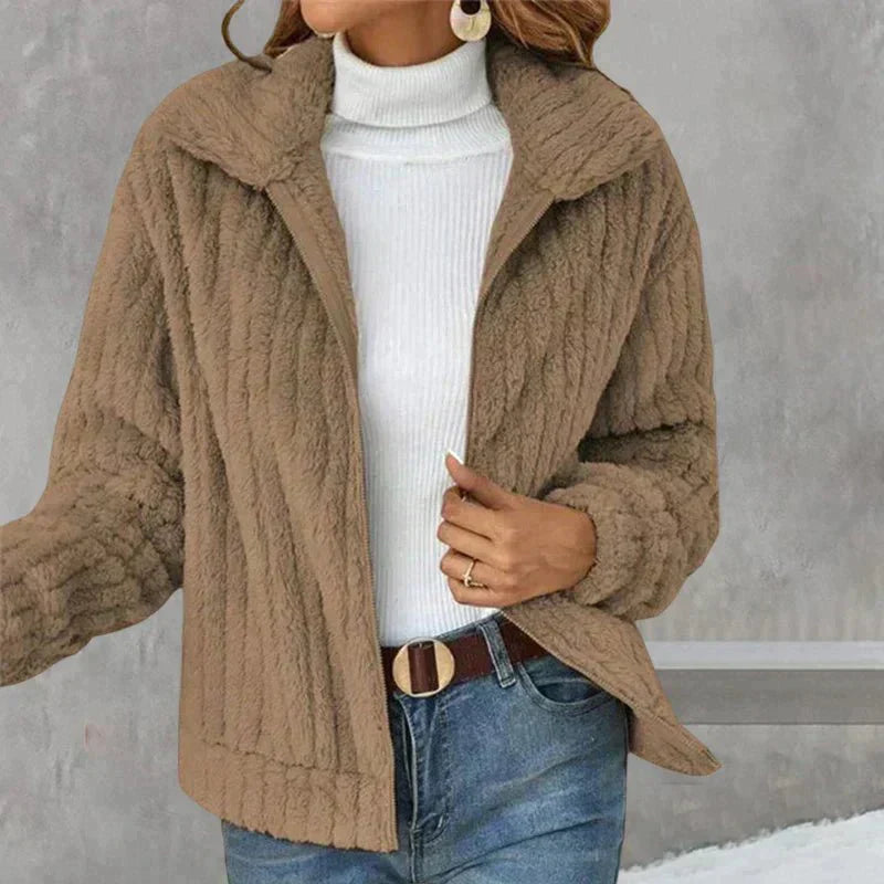 Women's Soft Plush Fleece Layering Jacket with Broad Collar - Brown