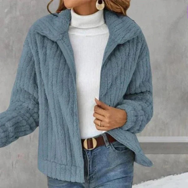 Women's Soft Plush Fleece Layering Jacket with Broad Collar - Blue
