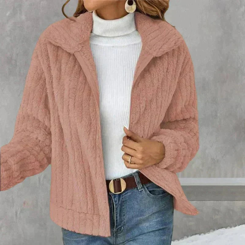 Women's Soft Plush Fleece Layering Jacket with Broad Collar - Pink