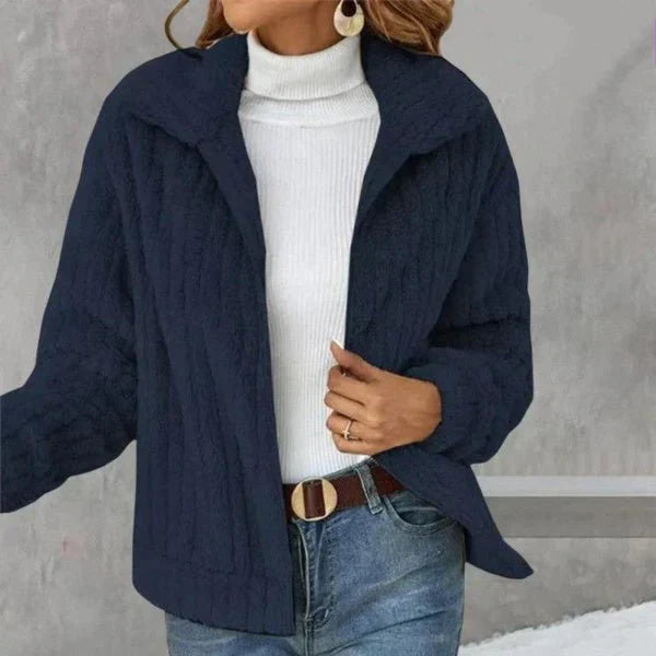Women's Soft Plush Fleece Layering Jacket with Broad Collar - Navy Blue