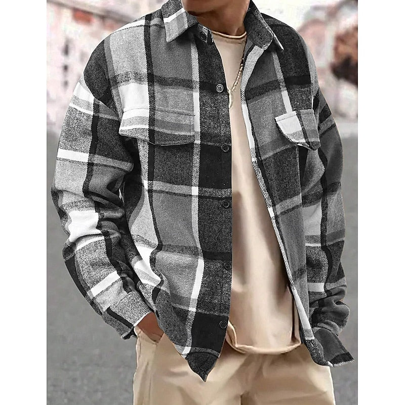 Men's Timeless Check Shirt Jacket to Wear Open or Buttoned - Dark Grey