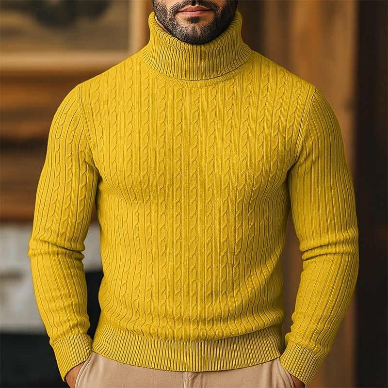 Men's Close-Cut Twisted Cable Roll Neck Jumper - Natural Yellow