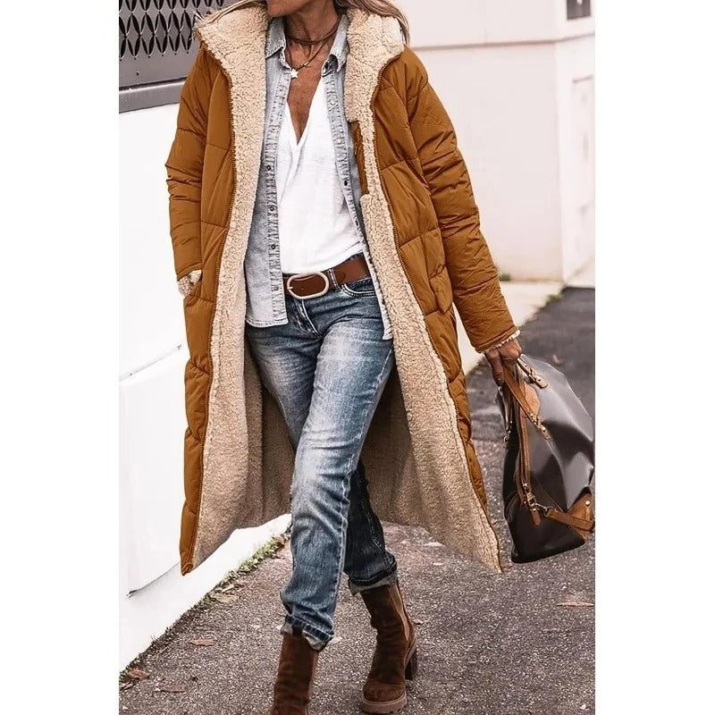 Women's Fleece-Lined Relaxed Puffer Coat, Below-the-Hip Length - Brown