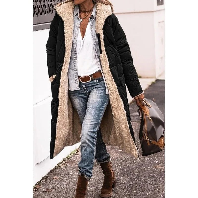 Women's Fleece-Lined Relaxed Puffer Coat, Below-the-Hip Length - Black