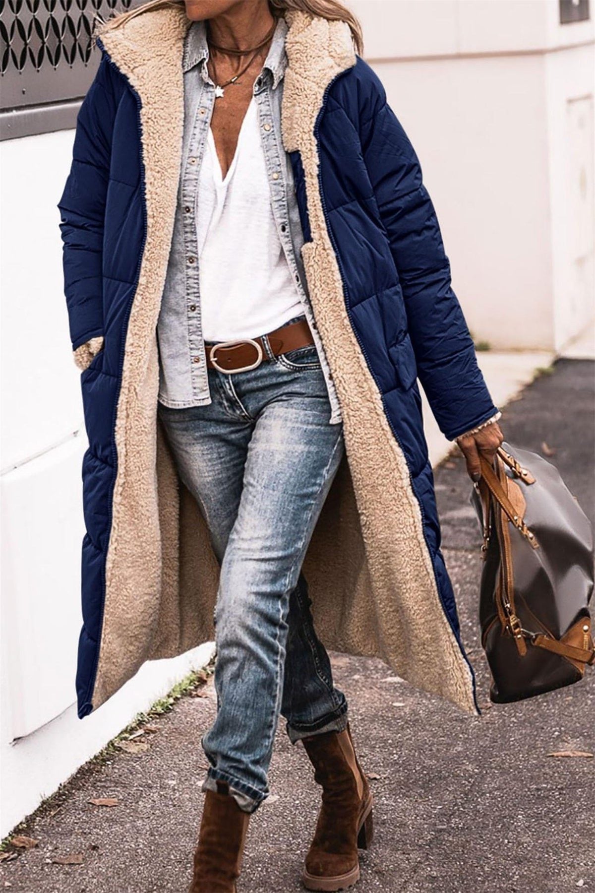 Women's Fleece-Lined Relaxed Puffer Coat, Below-the-Hip Length - Blue