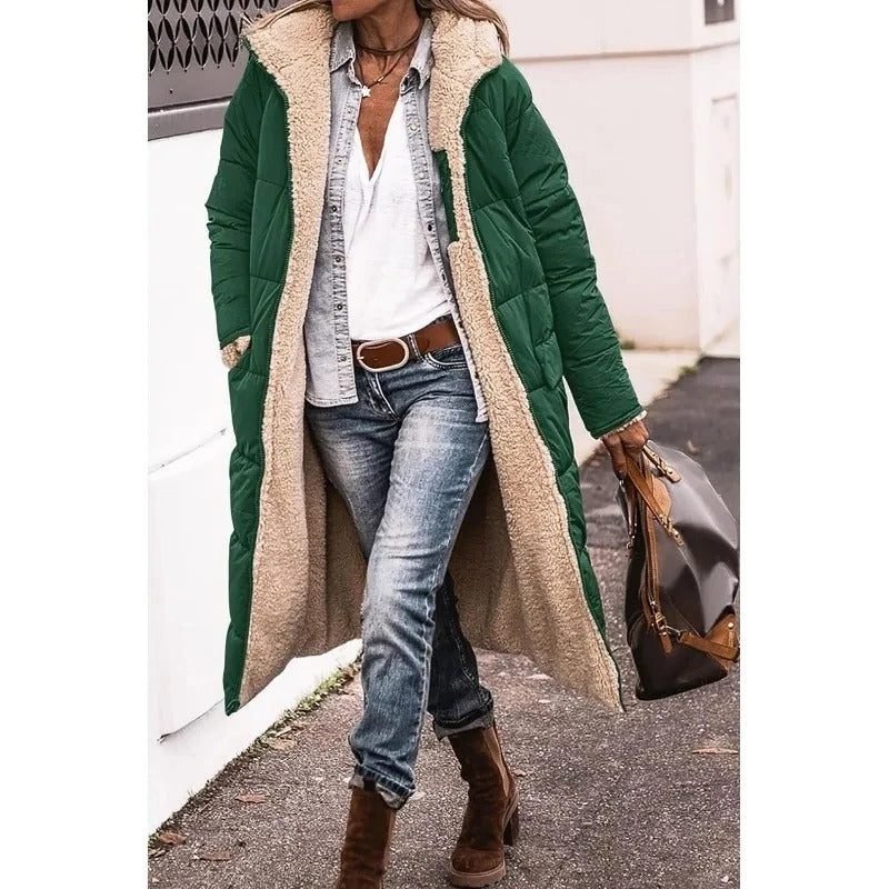 Women's Fleece-Lined Relaxed Puffer Coat, Below-the-Hip Length - Green