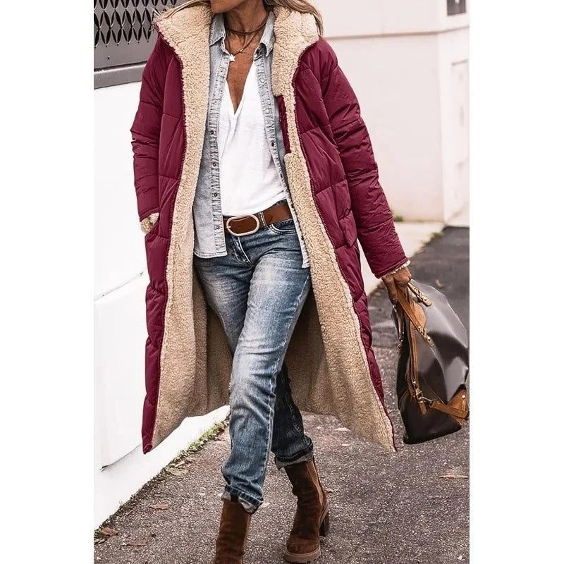 Women's Fleece-Lined Relaxed Puffer Coat, Below-the-Hip Length - Burgundy