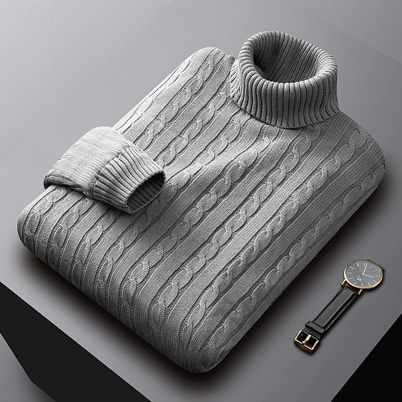 Men's Warm Stretch-Knit Cable Roll Neck for Office and Weekend - Light Grey