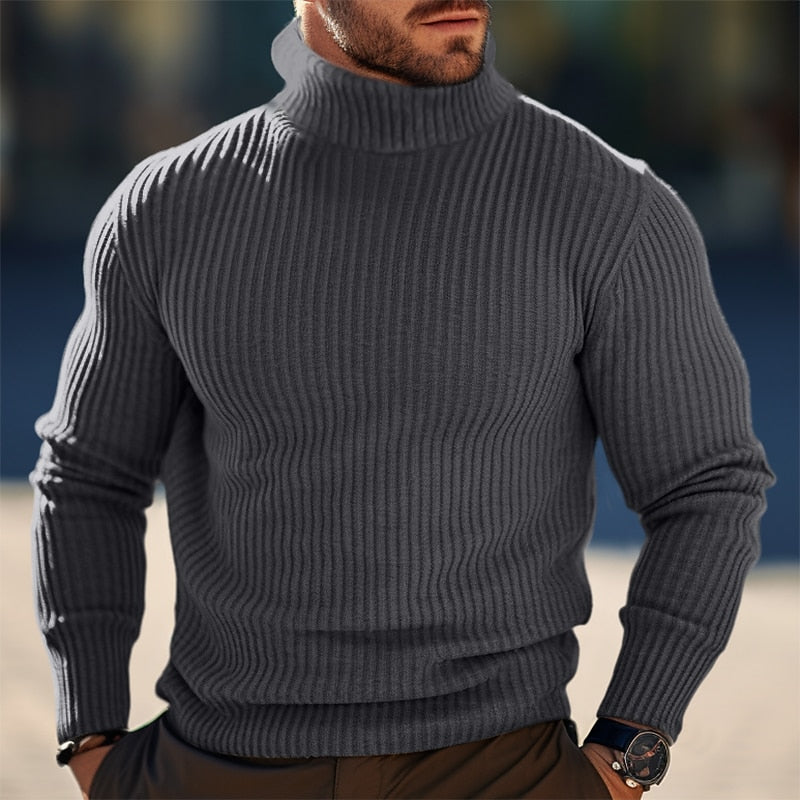 Men's Slim Vertical-Rib Roll Neck Pullover - Grey