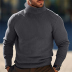 Men's Slim Vertical-Rib Roll Neck Pullover - Grey