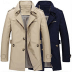 Men's Single-Row Button Trench Coat with Generous Front Pockets